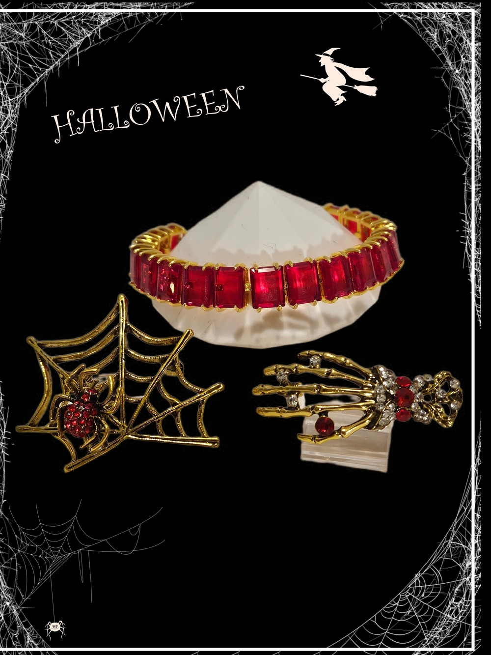 Halloween Jewelry Set-Two Brooches & A Bracelet- Red & Gold Tone